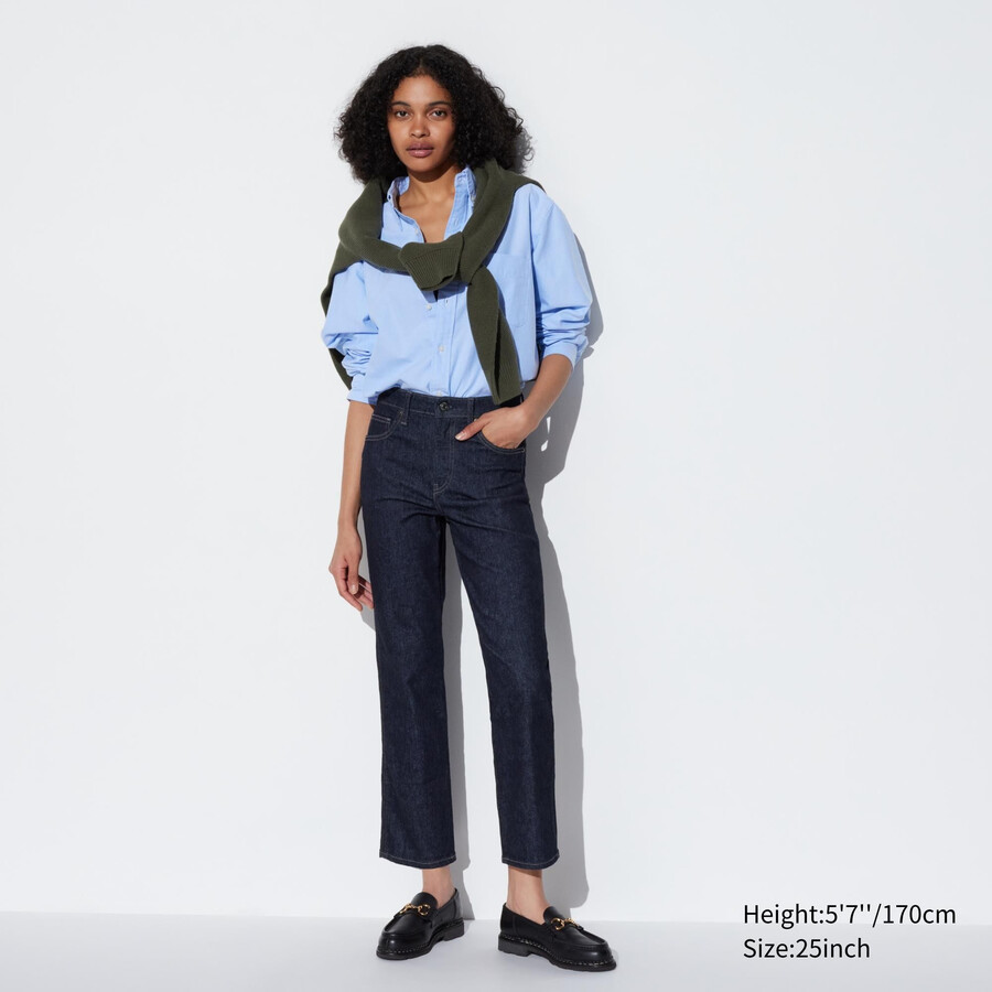 vaqueros ajustados de pierna recta y largo hasta el tobillo uniqlo para mujer color azul marino