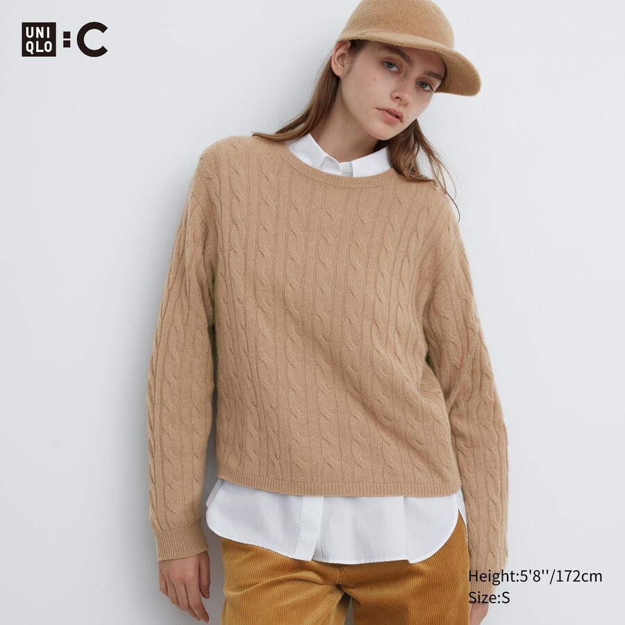 suéter corto de punto con cuello redondo y detalle de volantes en beige uniqlo 100 algodón para mujer