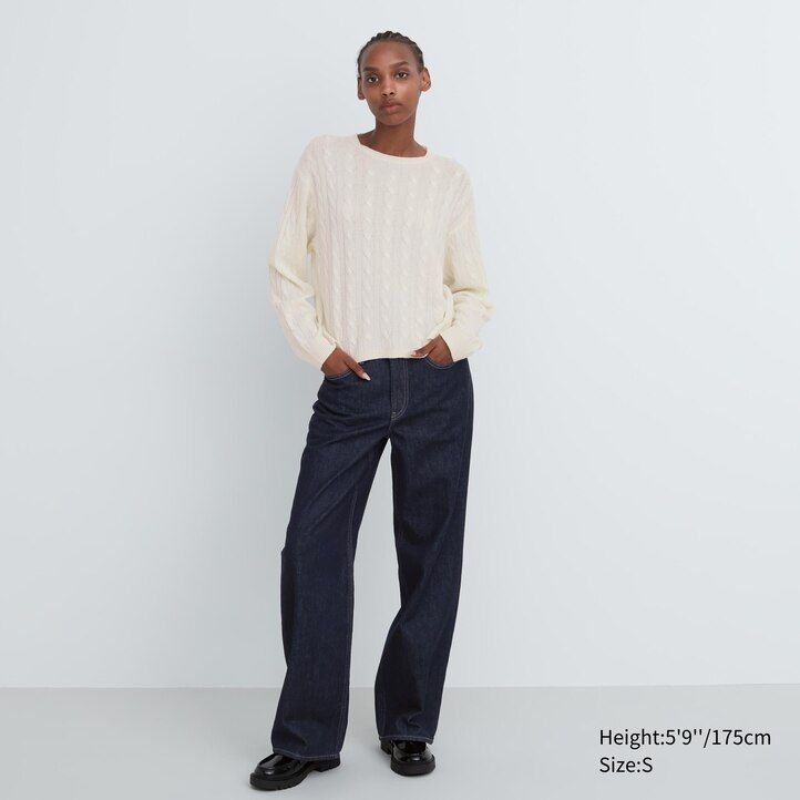 suéter corto de punto con cuello redondo y detalle de volantes en beige uniqlo 100 algodón para mujer