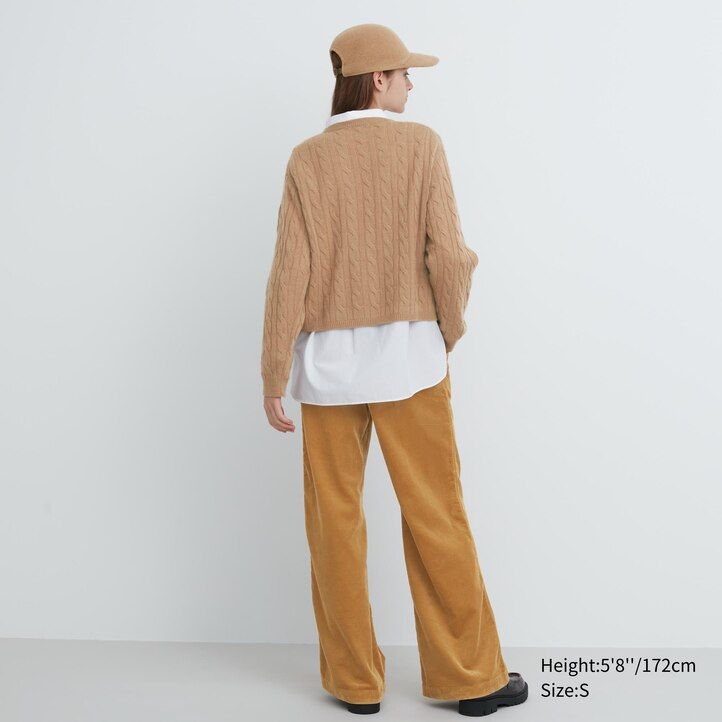 suéter corto de punto con cuello redondo y detalle de volantes en beige uniqlo 100 algodón para mujer