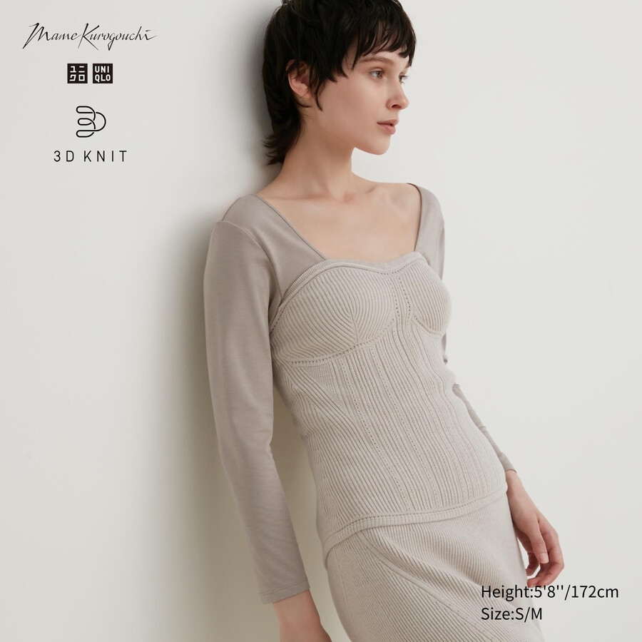 suéter tipo bustier de punto 3d sin costuras de uniqlo en color beige con canalé y hilo soufflé para mujer