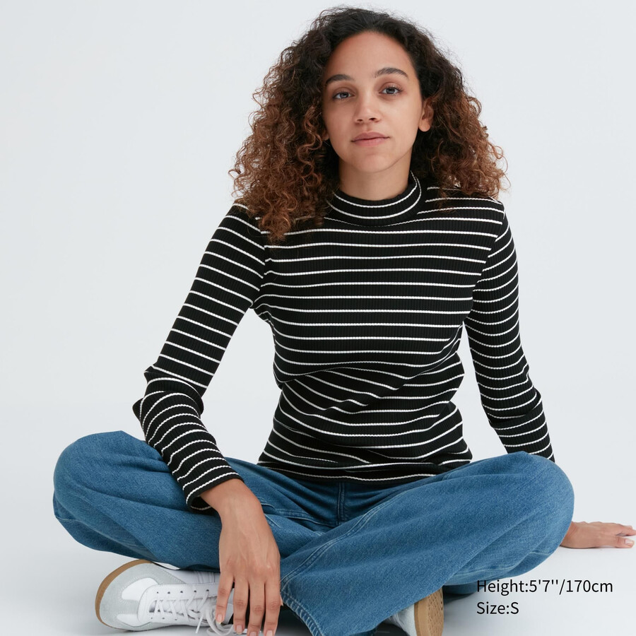 camisetas de manga larga con cuello alto y rayas acanaladas uniqlo para mujer color negro