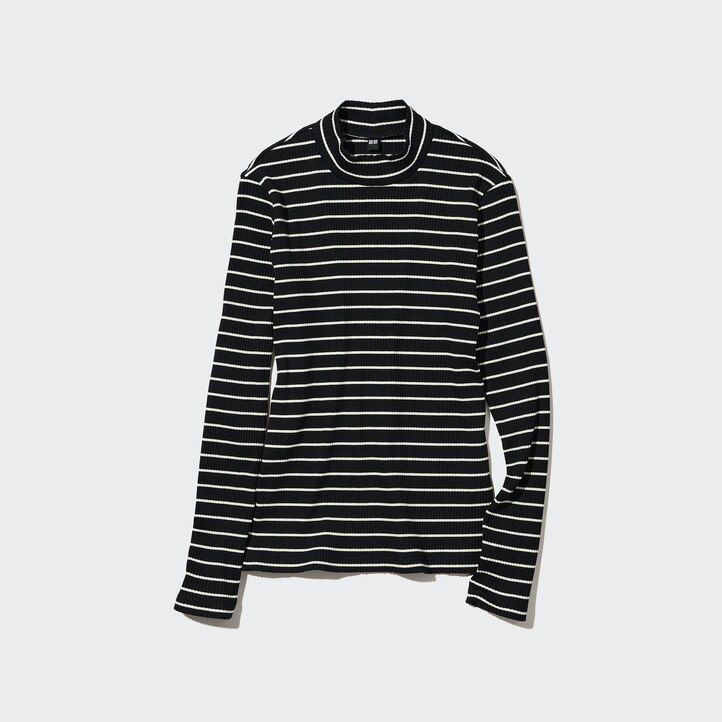 camisetas de manga larga con cuello alto y rayas acanaladas uniqlo para mujer color negro