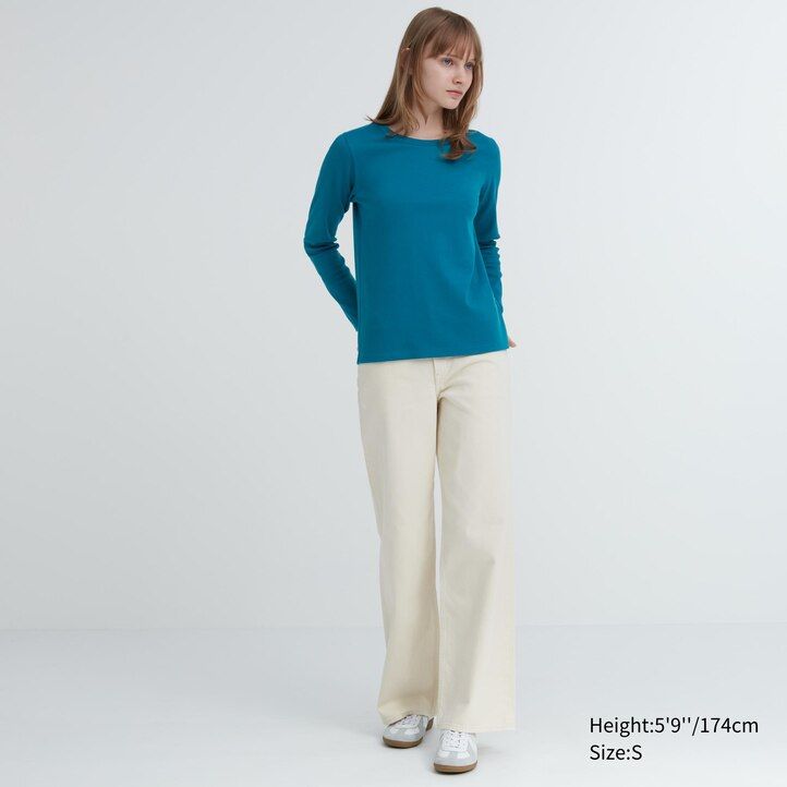 camisetas uniqlo de algodón liso elástico con cuello redondo y mangas para mujer color verde