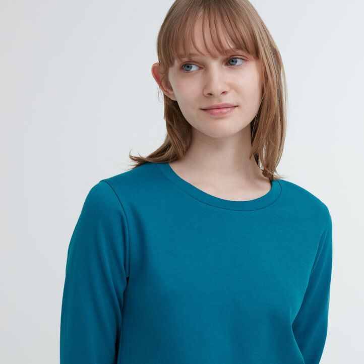 camisetas uniqlo de algodón liso elástico con cuello redondo y mangas para mujer color verde