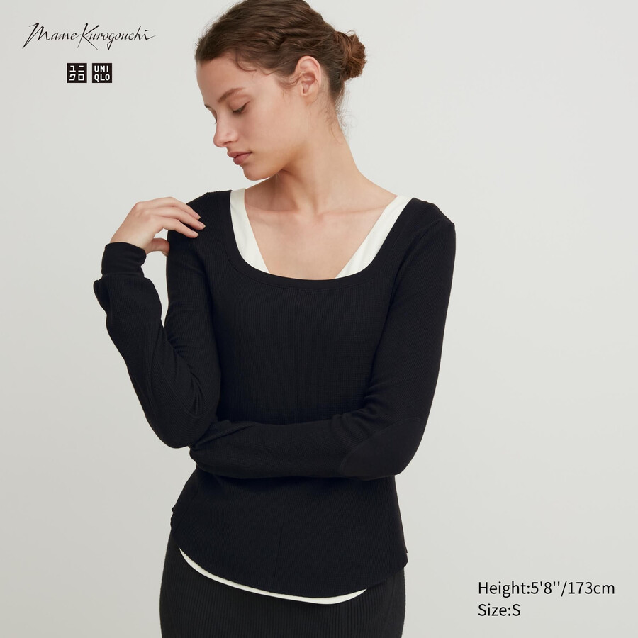 camiseta térmica uniqlo heattech extra warm waffle con cuello cuadrado y mangas para mujer color negro