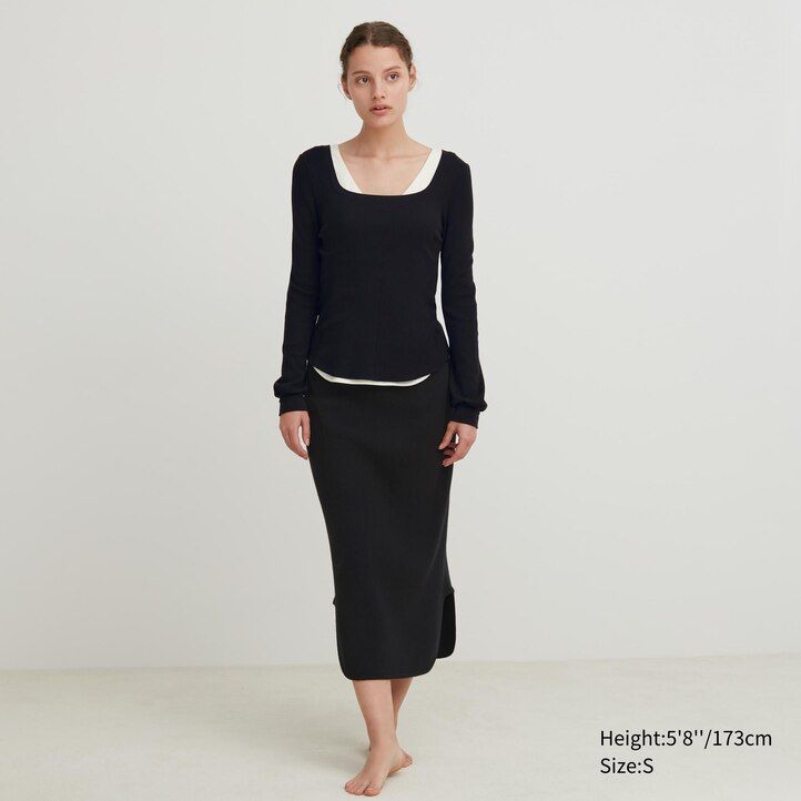 camiseta térmica uniqlo heattech extra warm waffle con cuello cuadrado y mangas para mujer color negro