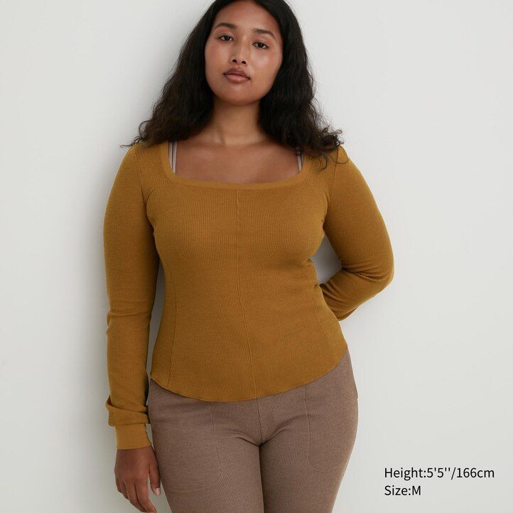 camiseta térmica uniqlo heattech extra warm waffle con cuello cuadrado y mangas para mujer color negro