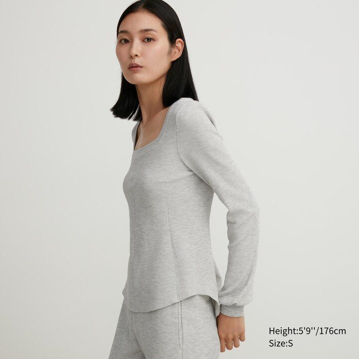 camiseta térmica uniqlo heattech extra warm waffle con cuello cuadrado y mangas para mujer color negro