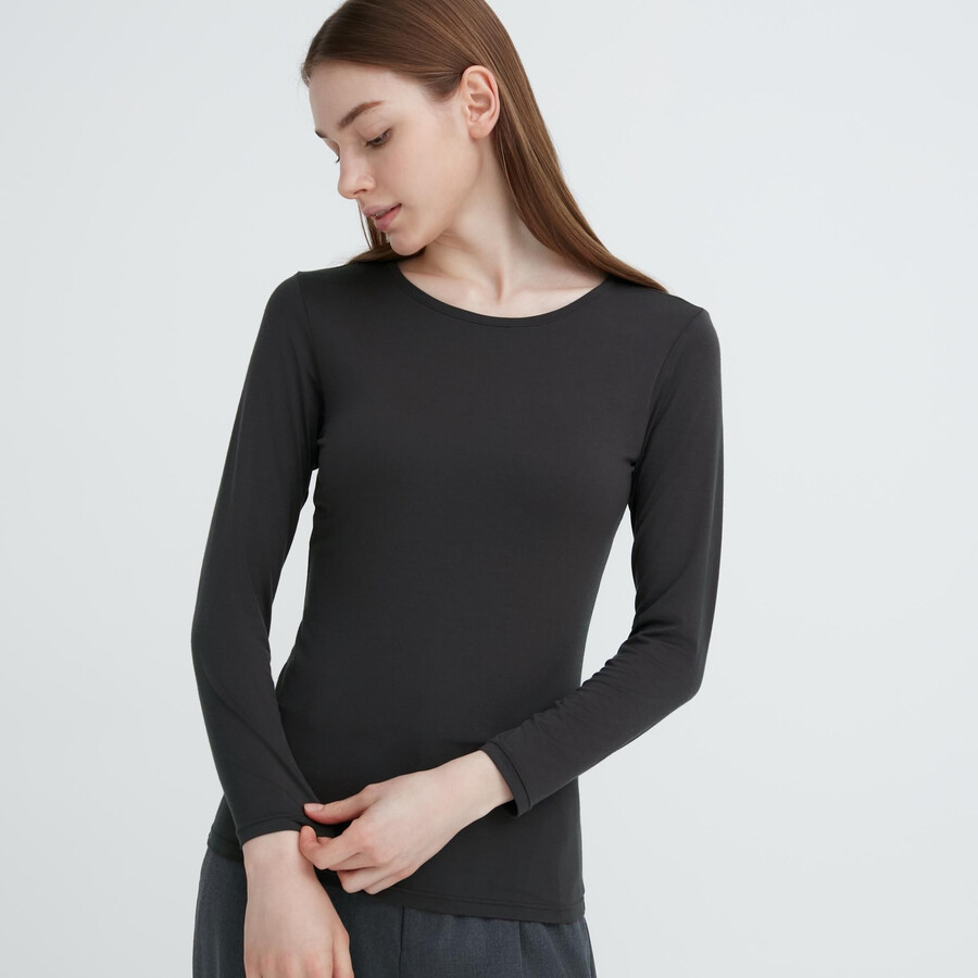 camiseta térmica uniqlo heattech de cuello redondo y manga corta para mujer color gris oscuro