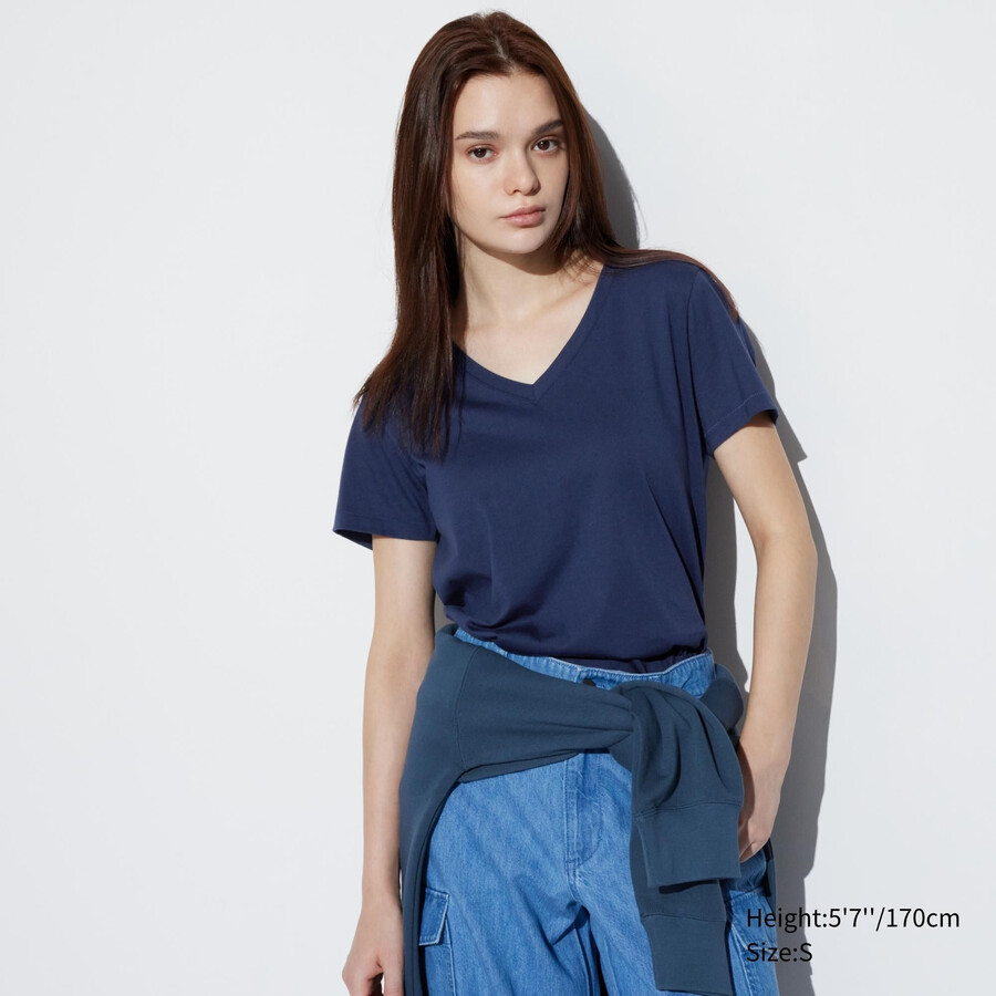 camisetas de mujer de algodón supima 100 azul uniqlo con cuello en v y mangas