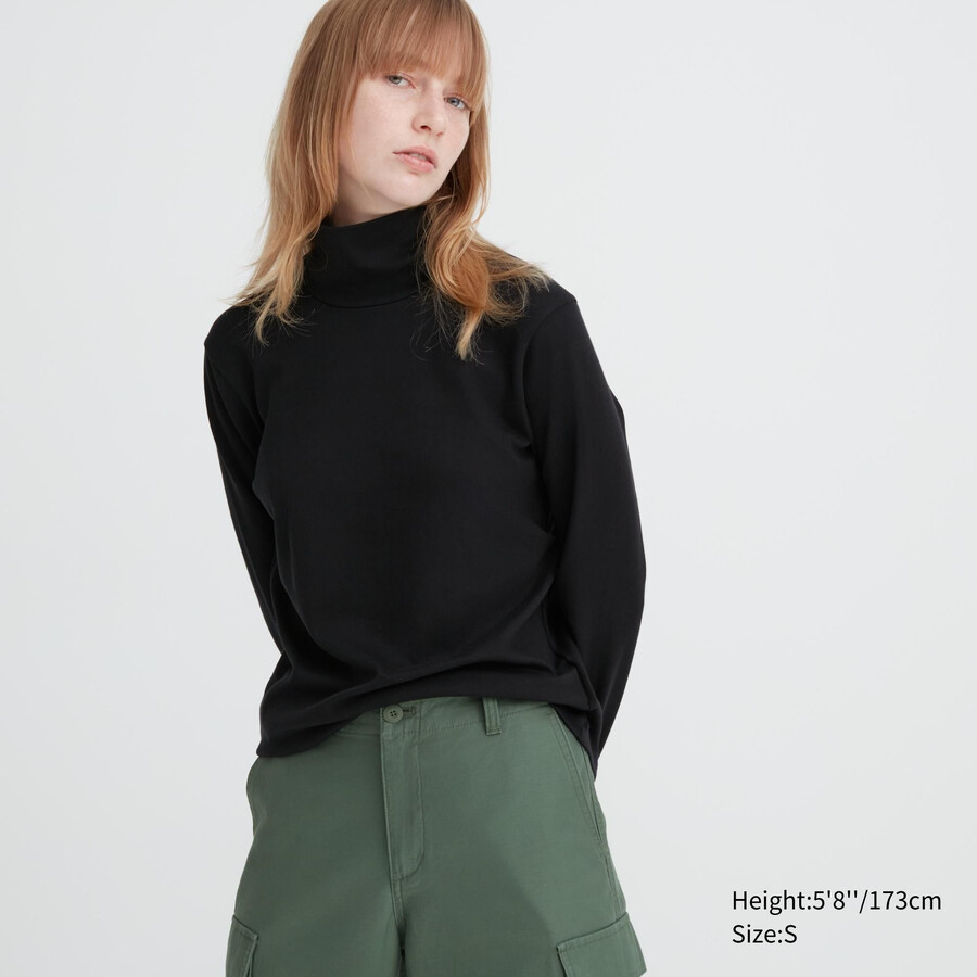 camisetas uniqlo negras de algodón liso con mangas elásticas para mujer