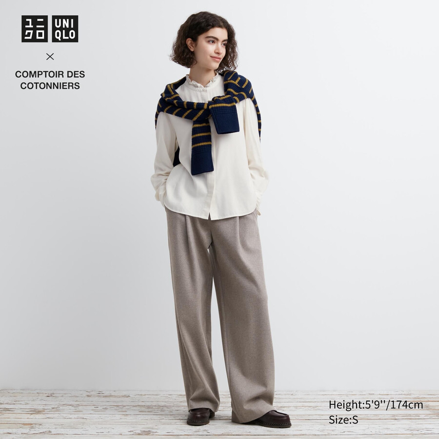 tops de mujer uniqlo de jersey cepillado con pliegues y pernera ancha en beige